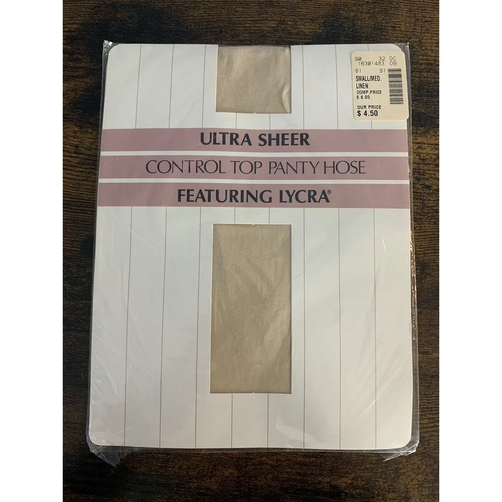 Vintage Hit or Miss Control Top Ultra Sheer Pantyhose Size Small Medium Linen